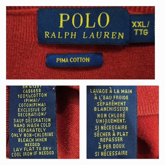 Polo Ralph Lauren Men XL Pima Cotton V-Neck Sweater Orange Red Pony Logo Classic - Picture 5 of 5